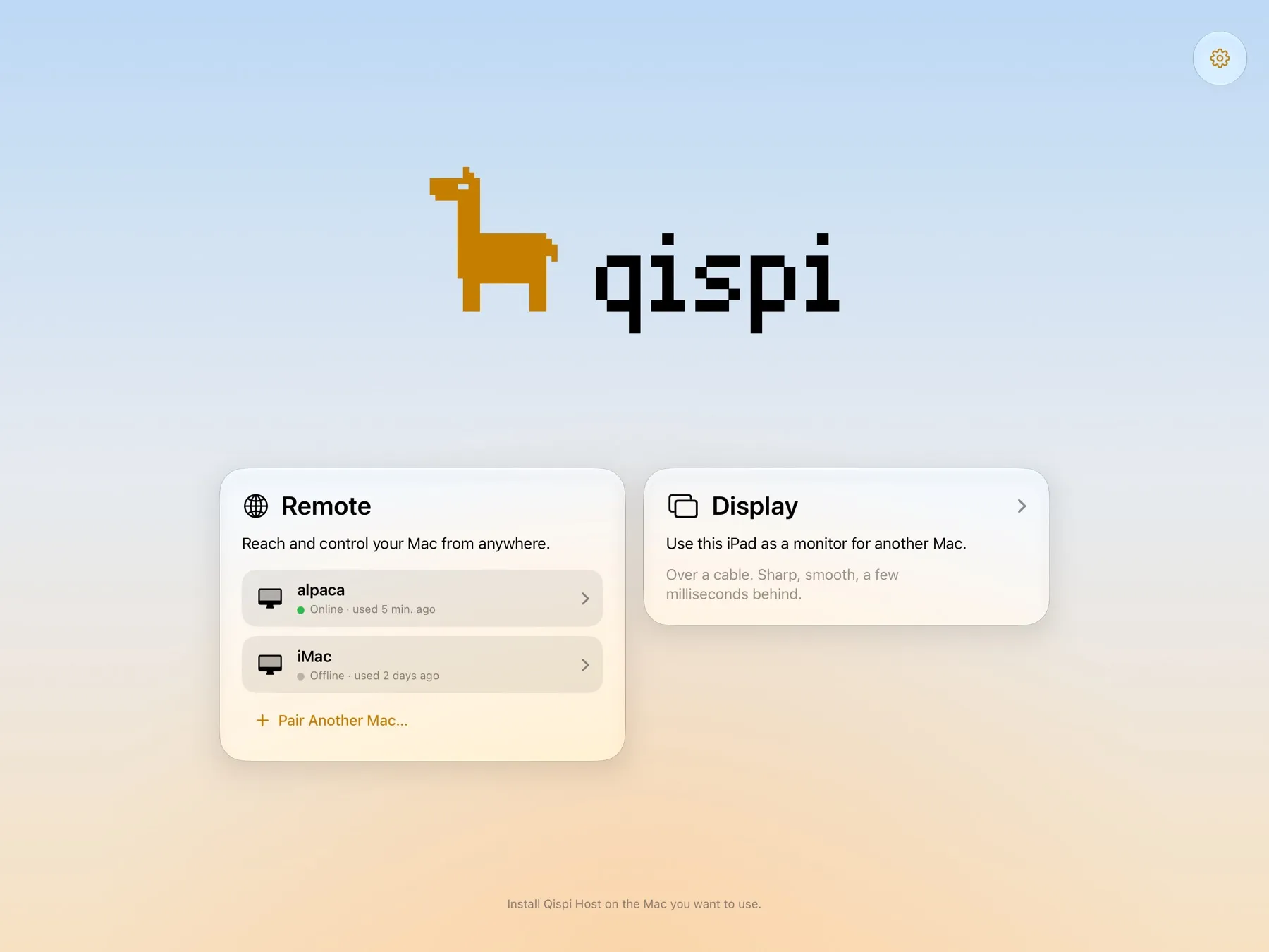 Qispi's home page on an iPad: Remote with two Macs, and Display